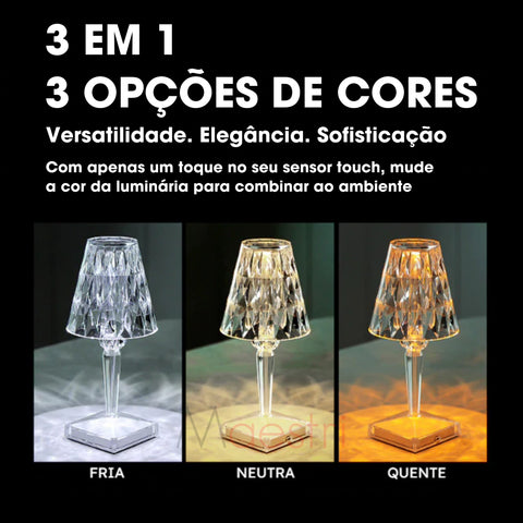 Luminária Crystal™ - Sem Fio LED 3 em 1 - Sensor Touch - Transforme sua Casa - Design Europeu
